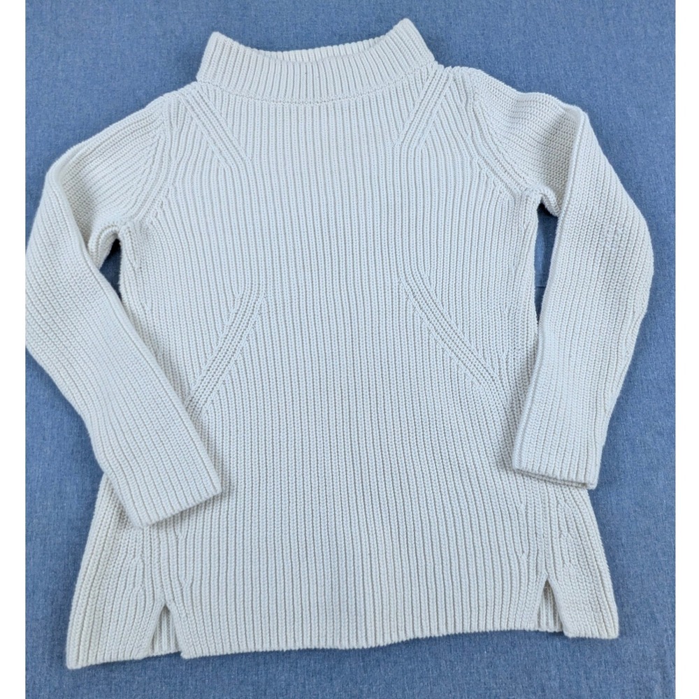 Talbots Petite Cream 100% Cotton Ribbed Mock Neck Sweater Side Slits SP